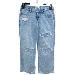 Abercrombie kids low rise baggy light wash distressed straight leg jeans size 9/